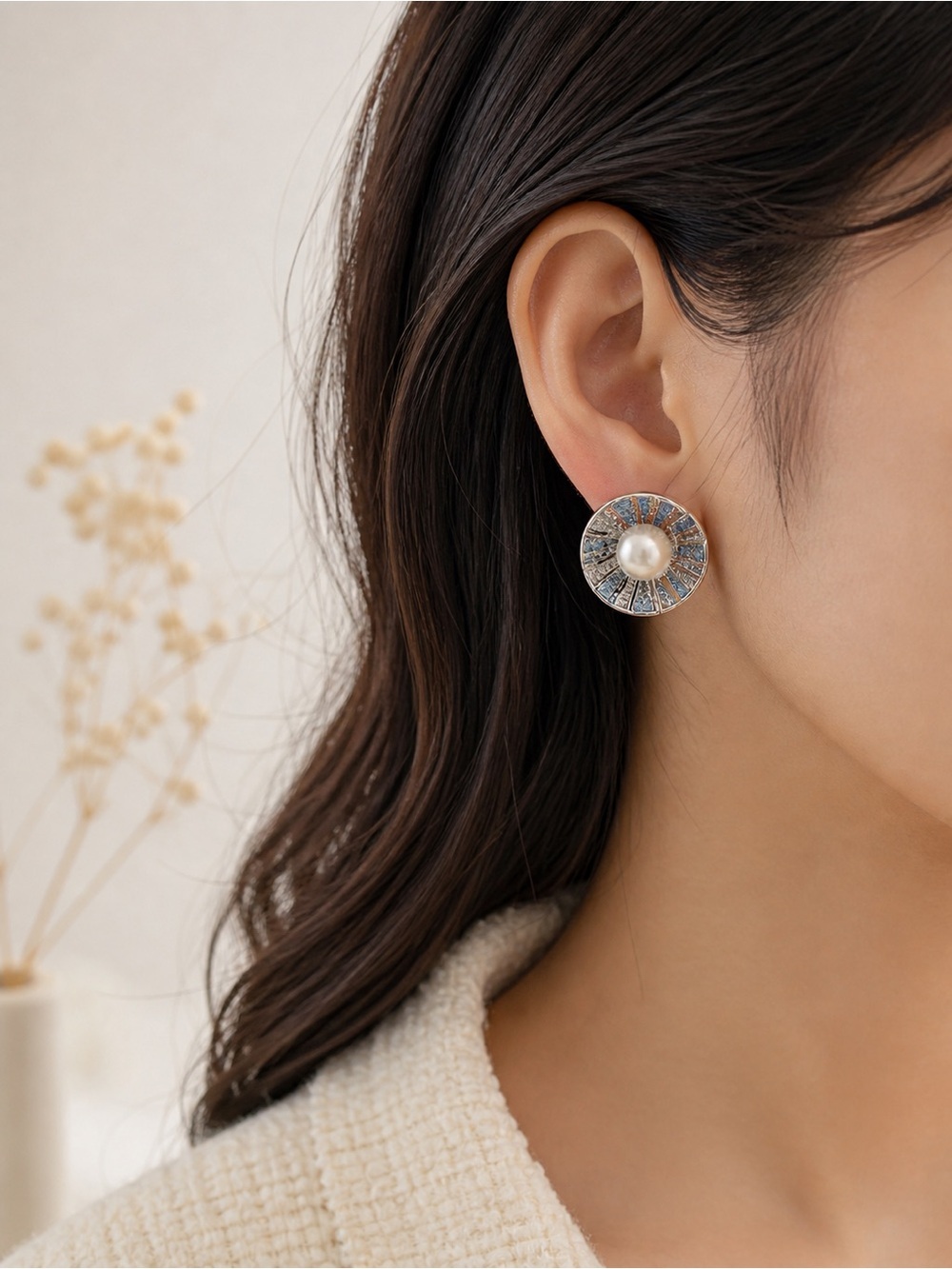 Elegant Blue Crystal Pearl Stud Silver Tone Vintage Glam Statement Earrings